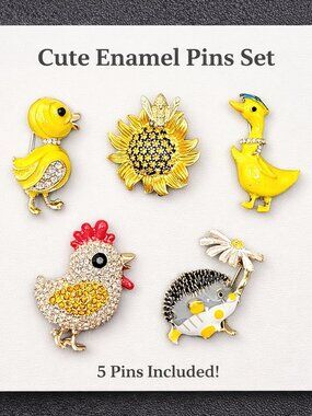 Set of 5 Chick Duck Bee Hedgehog Animal Brooches Pins Rhinestones New in Box
